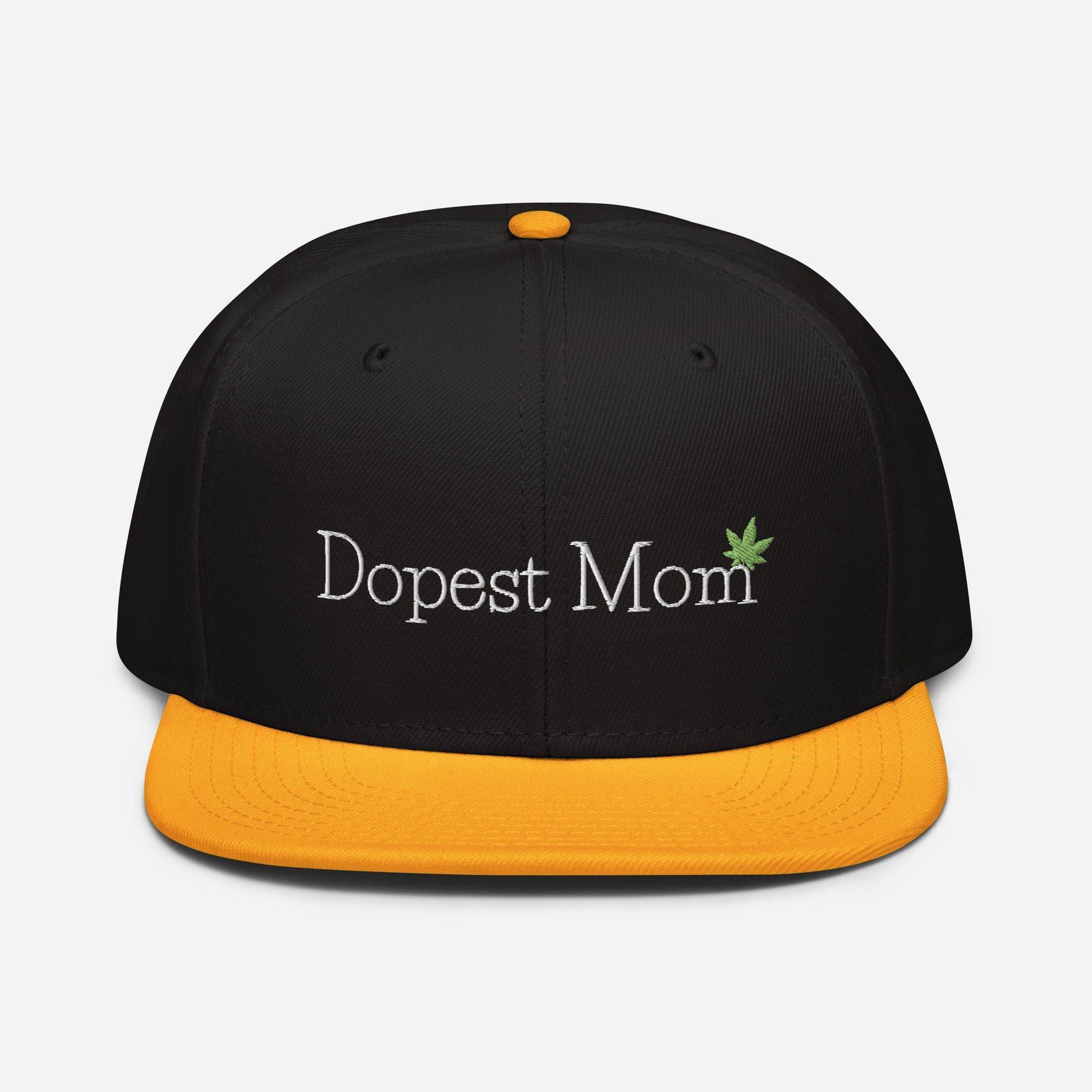 Gold and black Dopest Mom Cannabis Snapback Hat by The Cannabis Community, featuring a front logo design.