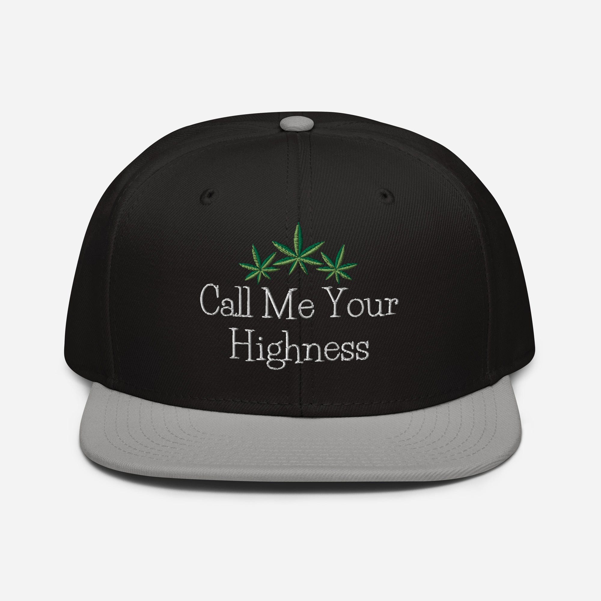 Gray and black Call Me Your Highness snapback hat by The Cannabis Community with front embroidery detail.