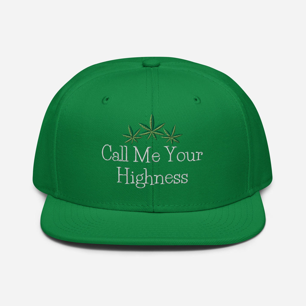 Kelly green Call Me Your Highness snapback hat by The Cannabis Community with a structured front and adjustable strap.