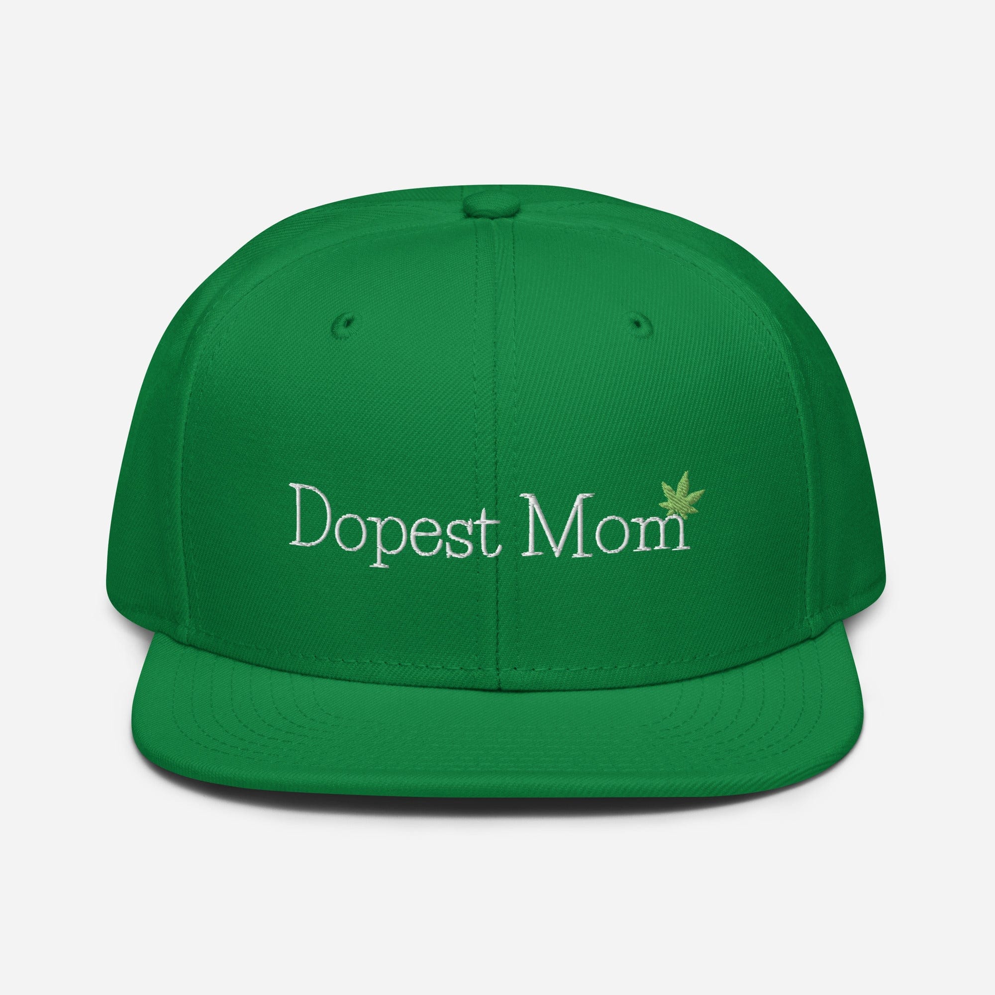 Kelly green Dopest Mom Cannabis Snapback Hat by The Cannabis Community with adjustable strap and embroidered front logo.