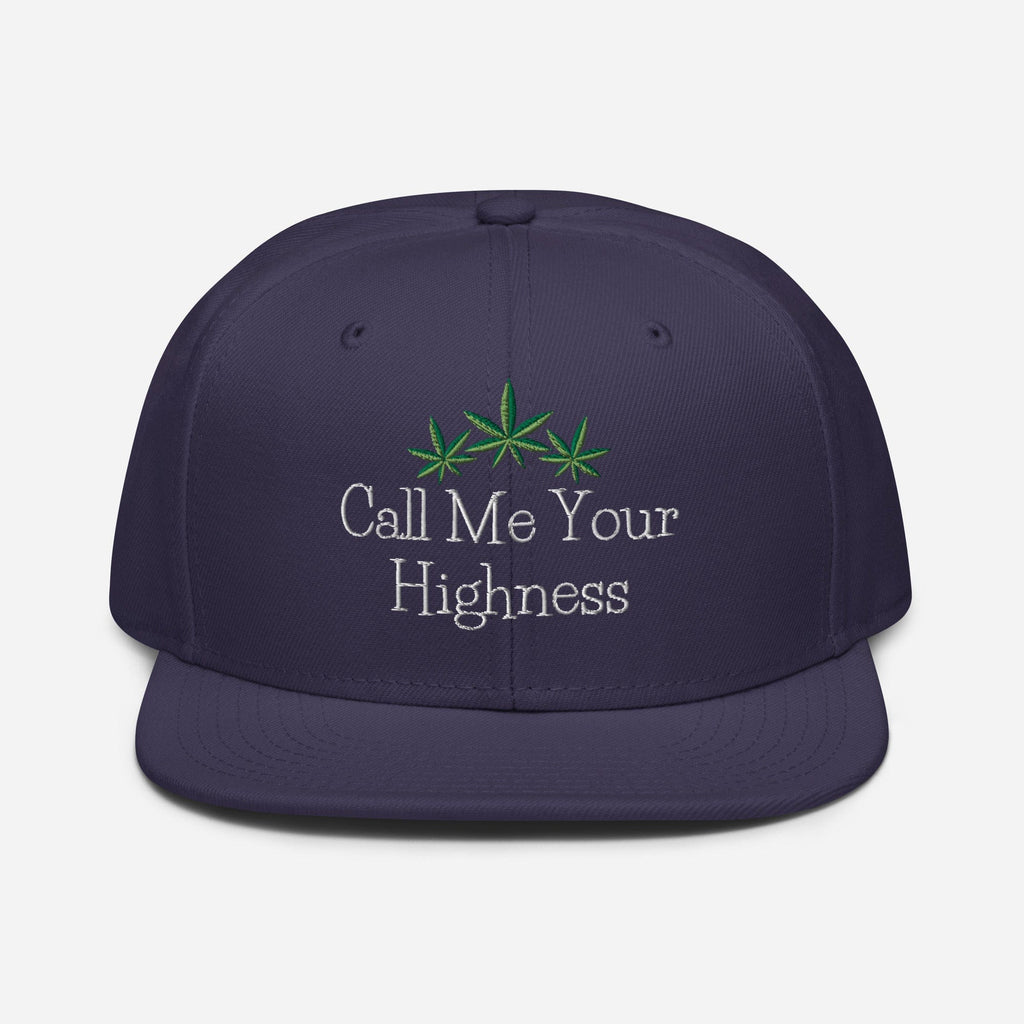 Navy blue Call Me Your Highness snapback hat by The Cannabis Community with front embroidery and adjustable strap