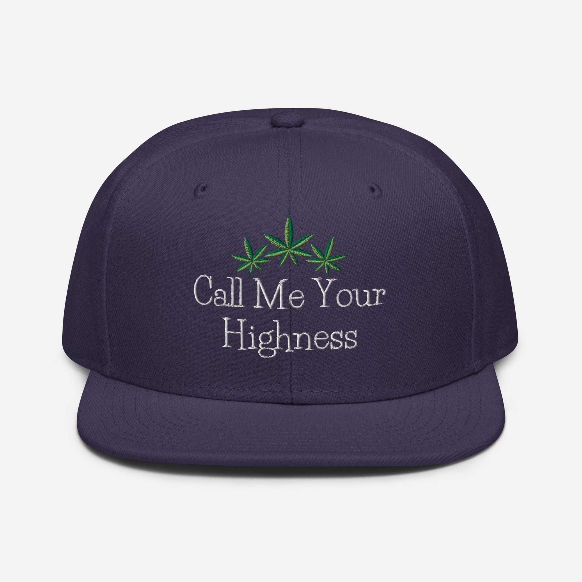Navy blue Call Me Your Highness snapback hat by The Cannabis Community with front embroidery and adjustable strap