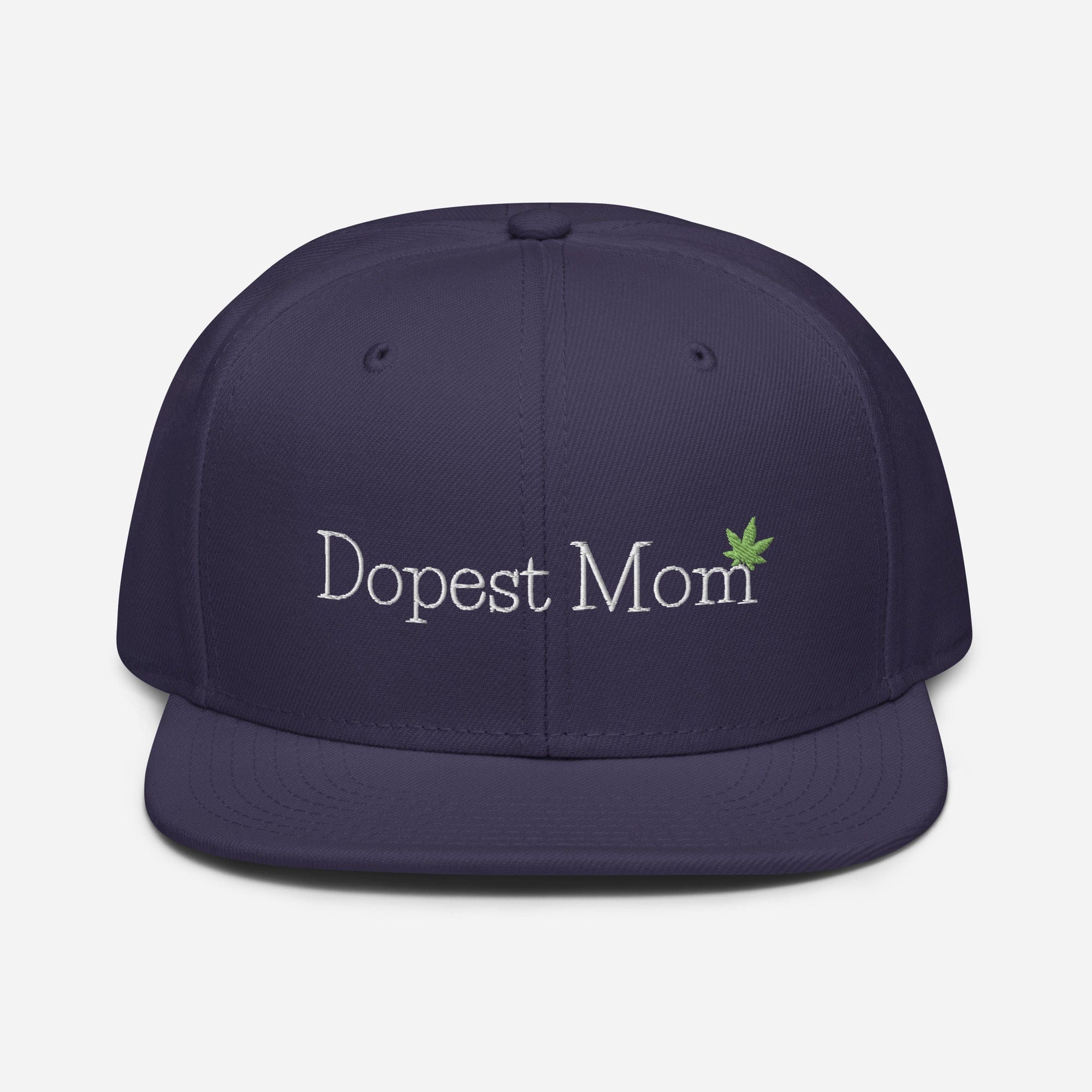 Navy blue Dopest Mom Cannabis Snapback Hat by The Cannabis Community with front embroidered design.