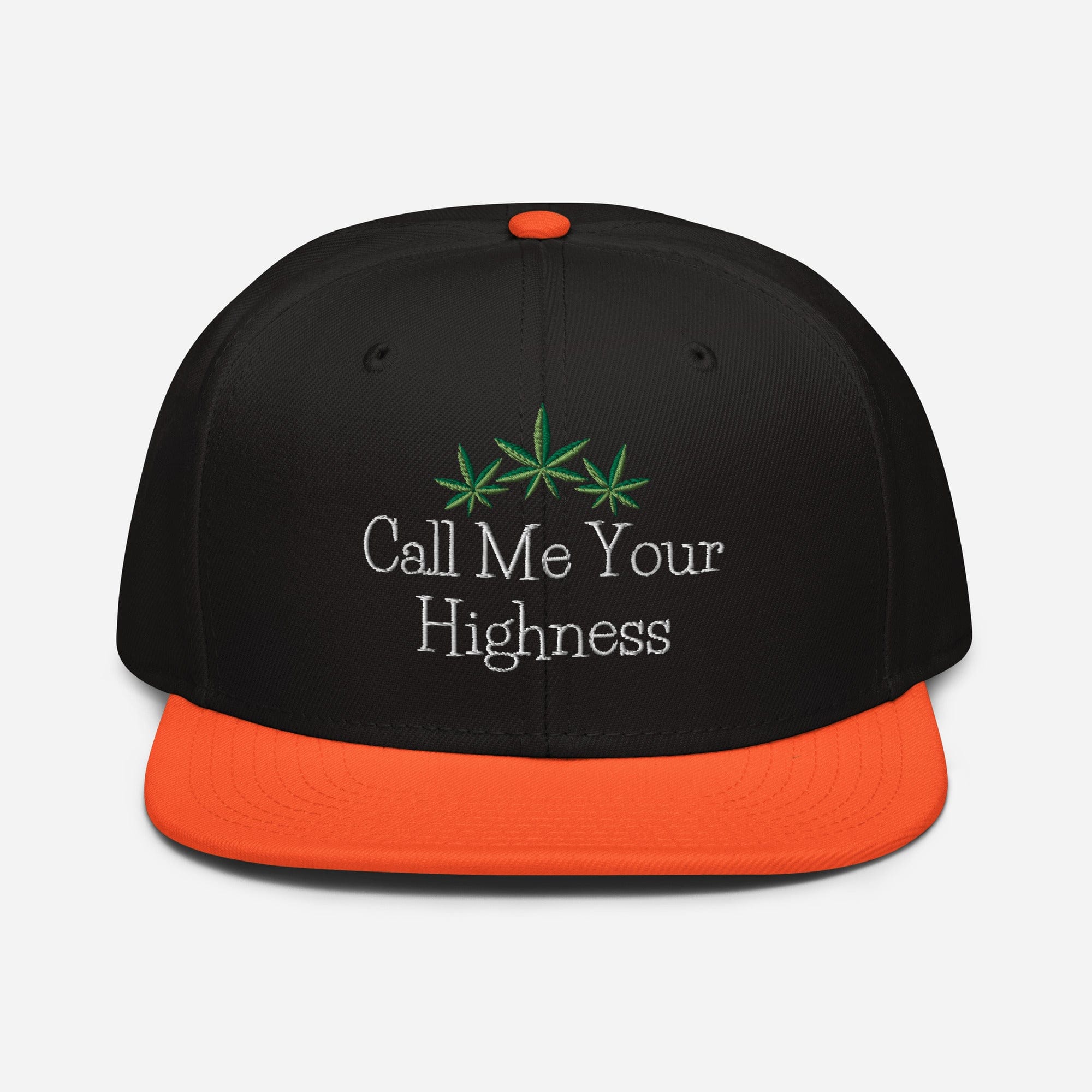 Orange and black Call Me Your Highness snapback hat by The Cannabis Community with a bold front design.