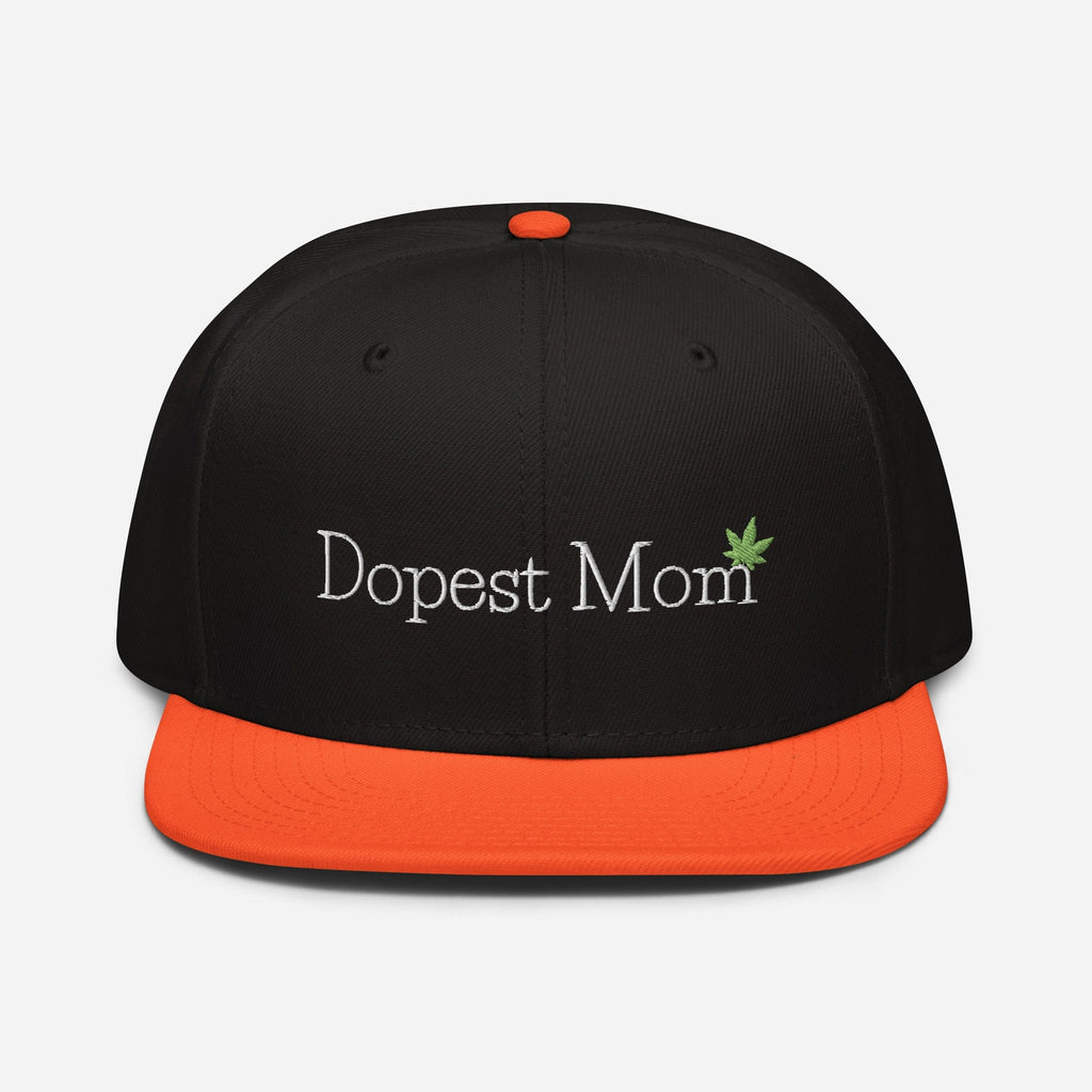 Orange and black Dopest Mom Cannabis Snapback Hat with bold front design, by The Cannabis Community.