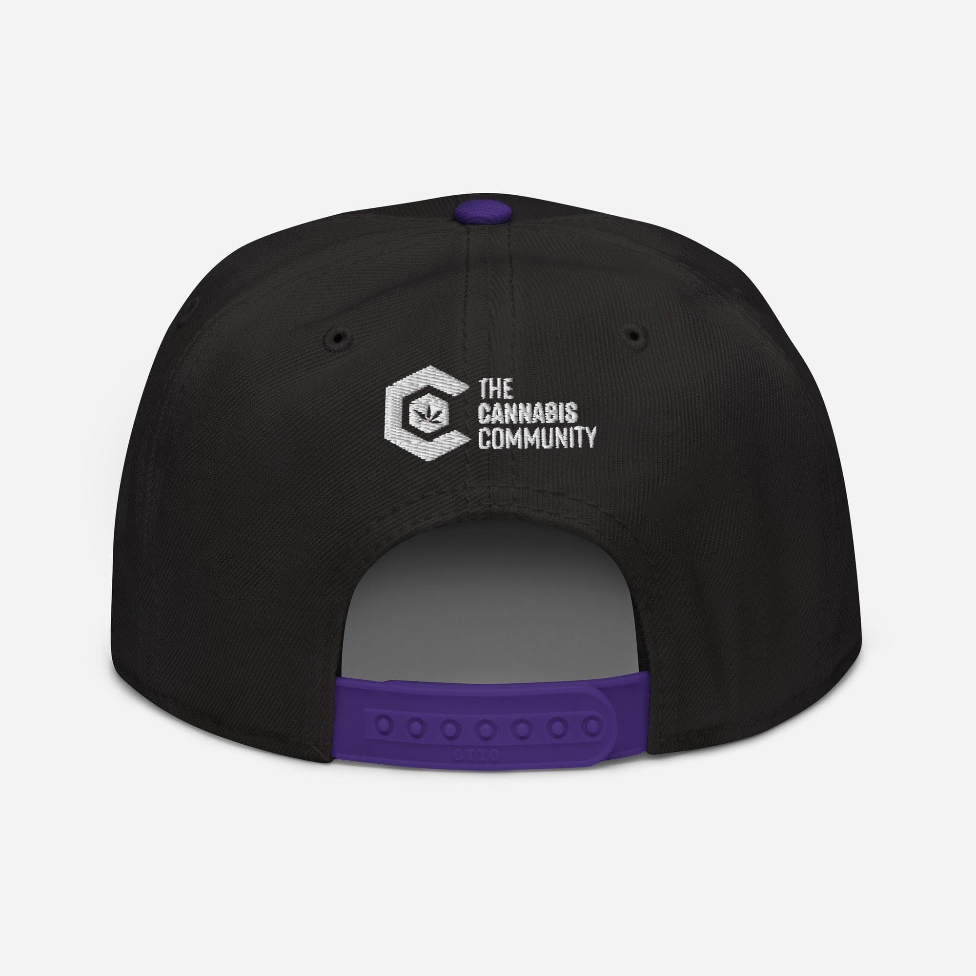 Purple and black Dopest Mom cannabis snapback hat with a flat brim and adjustable back, branded by The Cannabis Community.