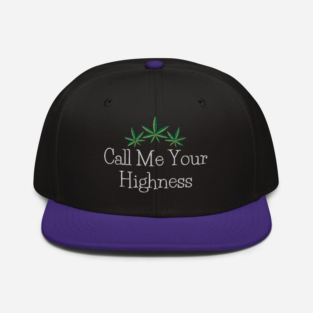 Purple and black Call Me Your Highness snapback hat by The Cannabis Community with front logo design.
