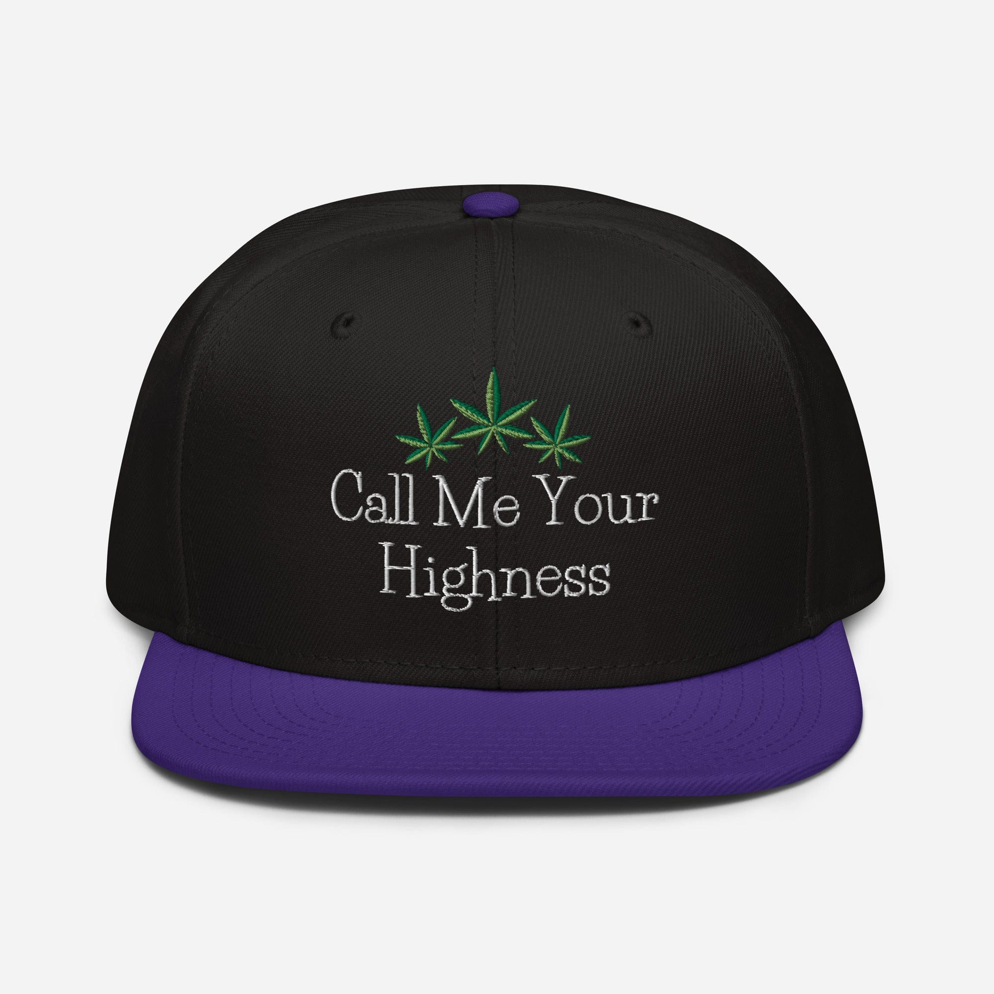 Purple and black Call Me Your Highness snapback hat by The Cannabis Community with front logo design.