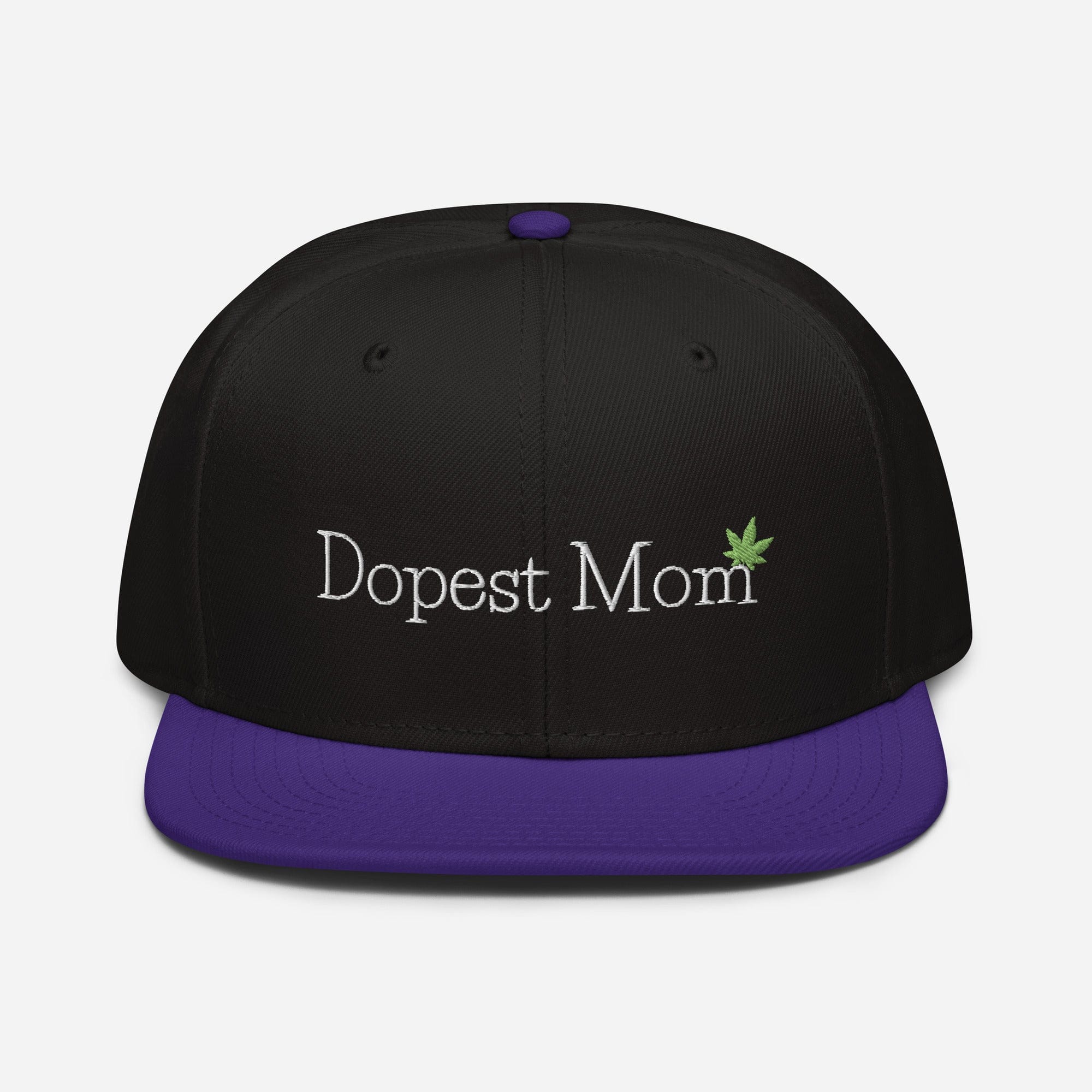 Purple and black Dopest Mom Cannabis Snapback hat by The Cannabis Community, showing the front view with bold design and logo.