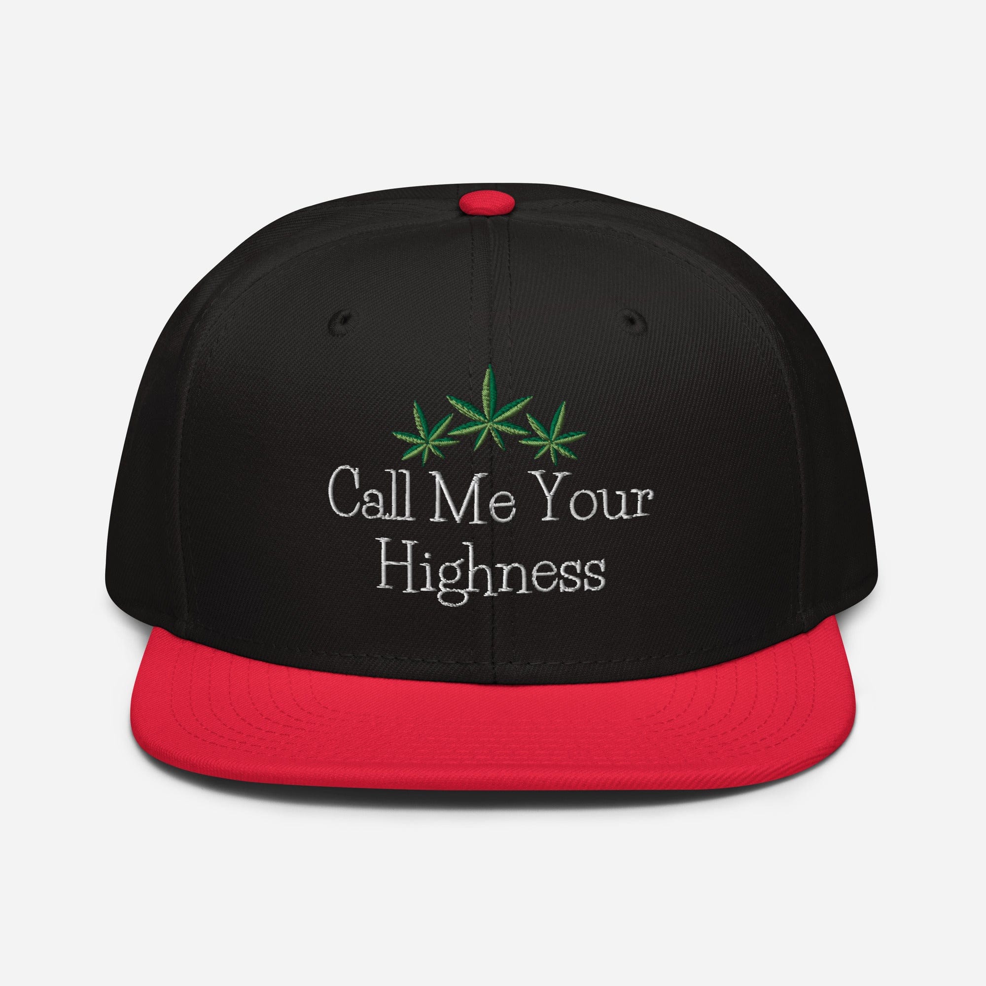 Red and black Call Me Your Highness snapback hat by The Cannabis Community with front logo design.