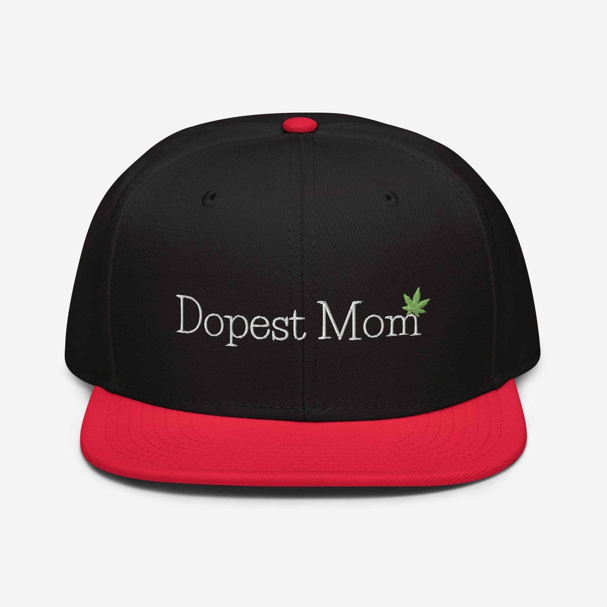 Red and black Dopest Mom Cannabis Snapback Hat by The Cannabis Community featuring a front logo design and adjustable strap