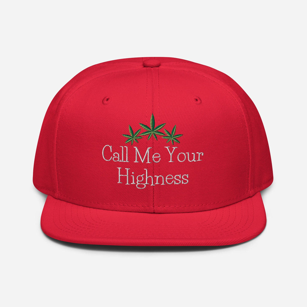 Red Call Me Your Highness snapback hat by The Cannabis Community with a flat brim and adjustable strap, front logo design.