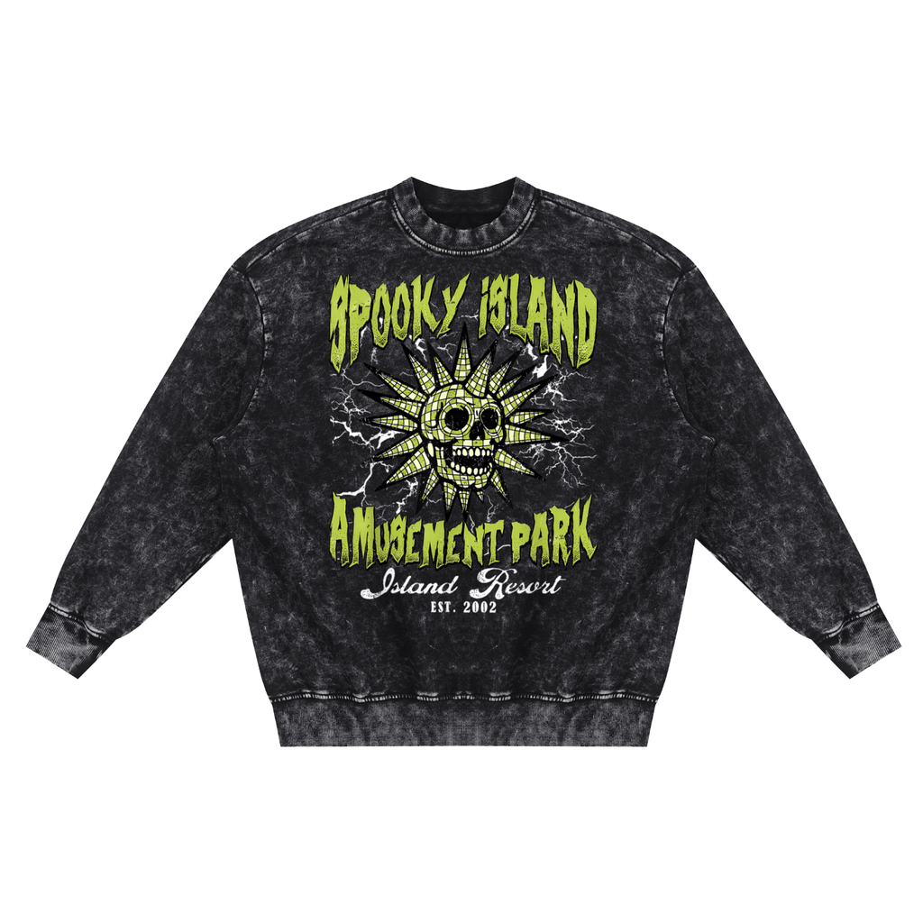 Goth Cloth Co. Spooky Island Amusement Park sweatshirt featuring eerie theme and dark design, displayed on a hanger.