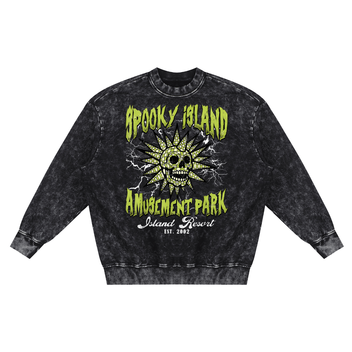 Goth Cloth Co. Spooky Island Amusement Park sweatshirt featuring eerie theme and dark design, displayed on a hanger.