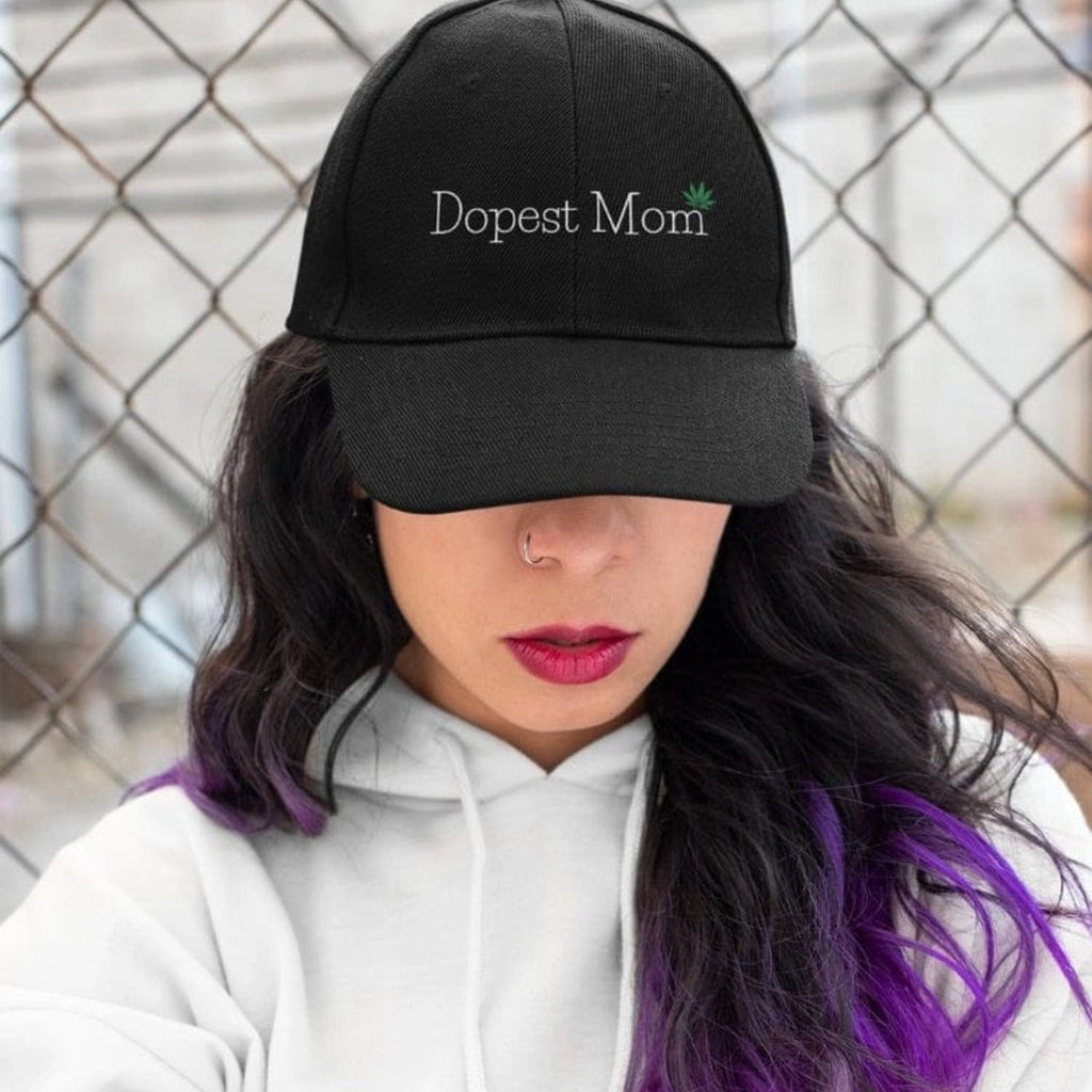 Dopest Mom Cannabis Snapback Hat by The Cannabis Community featuring bold embroidered design on a stylish black hat.