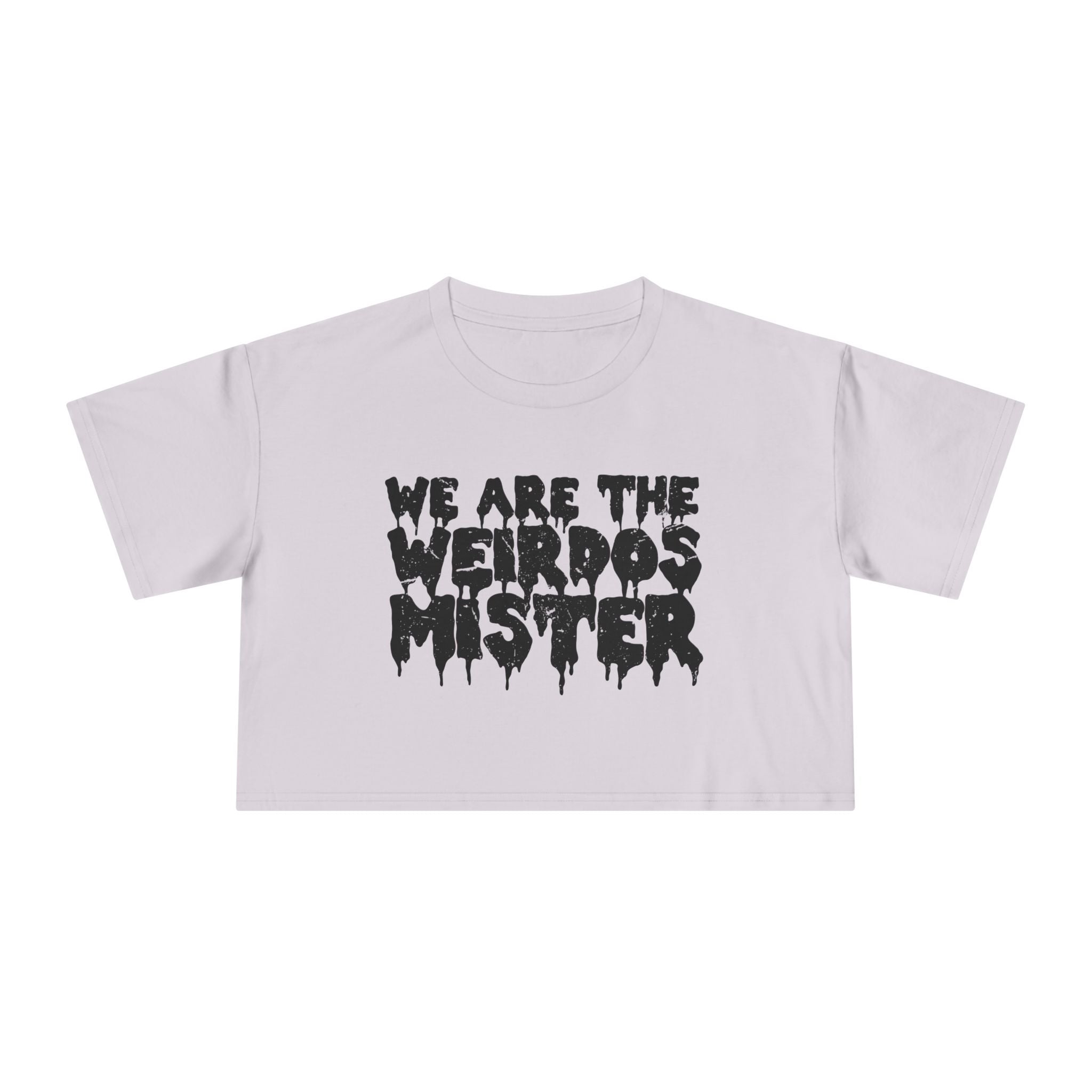 Black We Are The Weirdos Mister crop top T-shirt by Goth Cloth Co. featuring bold white graphic print.