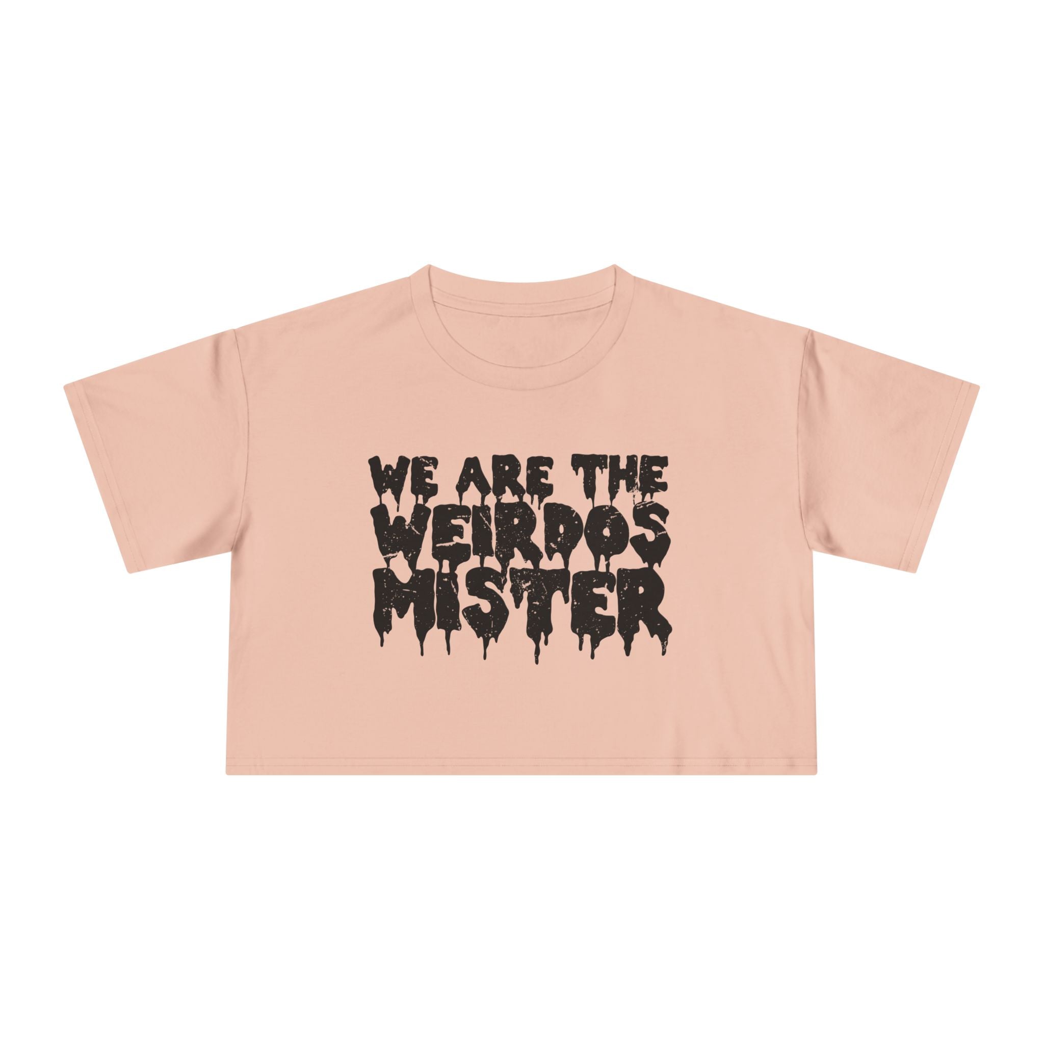 Black We Are The Weirdos Mister crop top T-shirt by Goth Cloth Co. with bold graphic print on front.