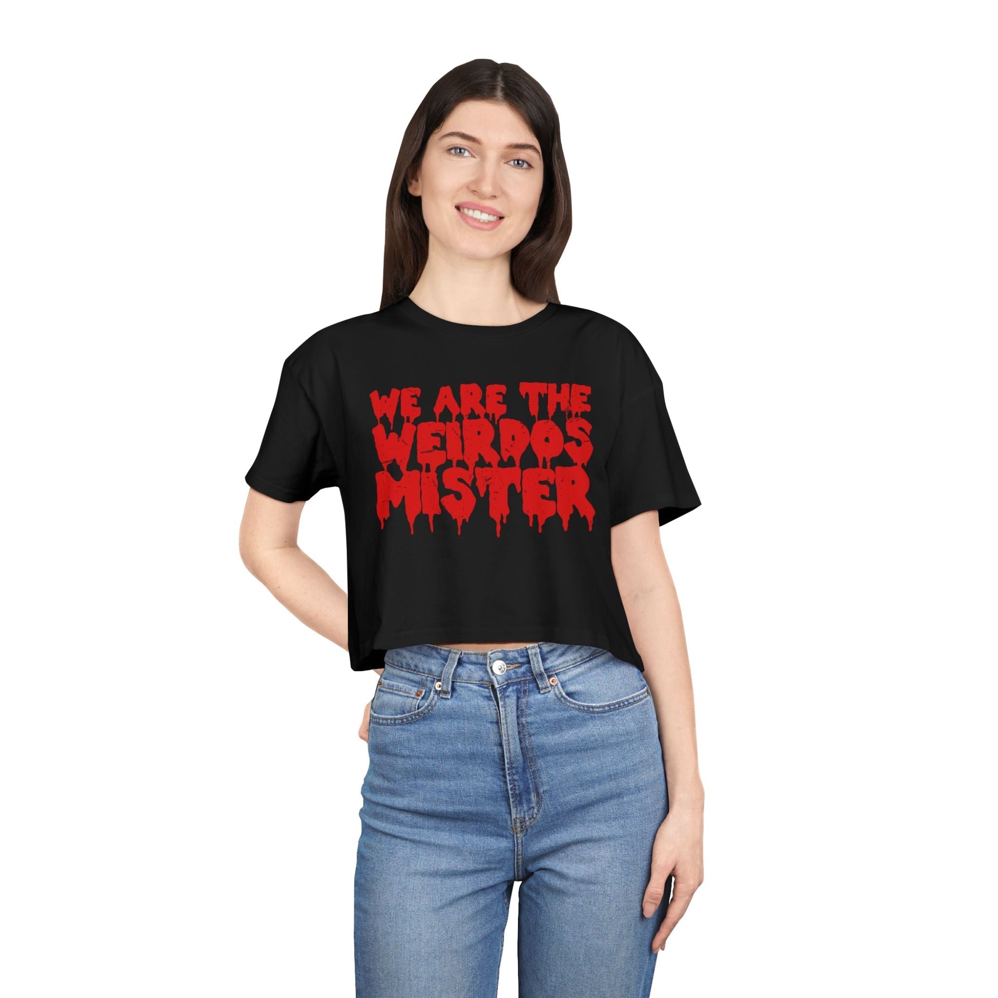 Black We Are The Weirdos Mister crop top T-shirt by Goth Cloth Co. featuring a graphic print on the front.