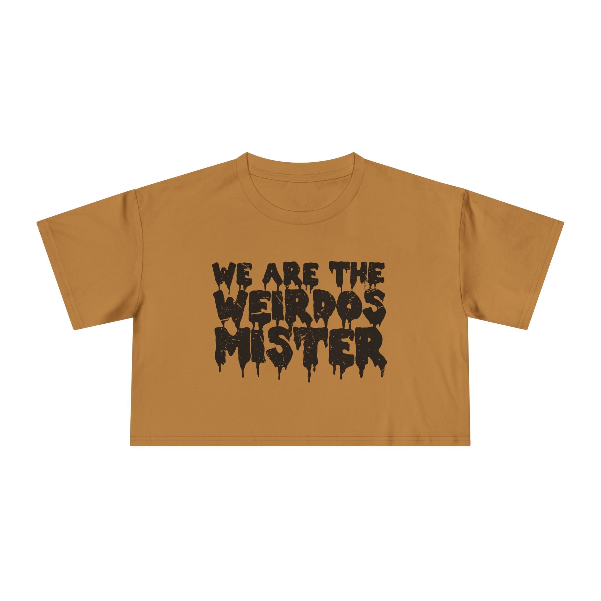Goth Cloth Co. We Are The Weirdos Mister crop top T-shirt with printed graphic design on front.