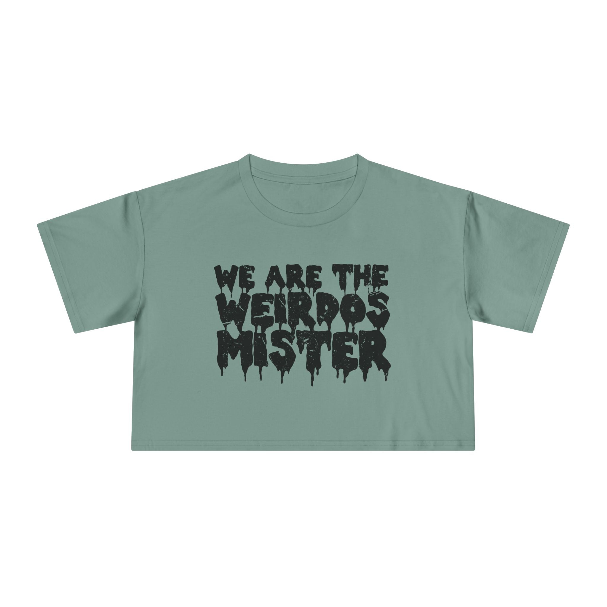 Black Goth Cloth Co. We Are The Weirdos Mister crop top T-shirt with bold printed design on front, casual streetwear style.