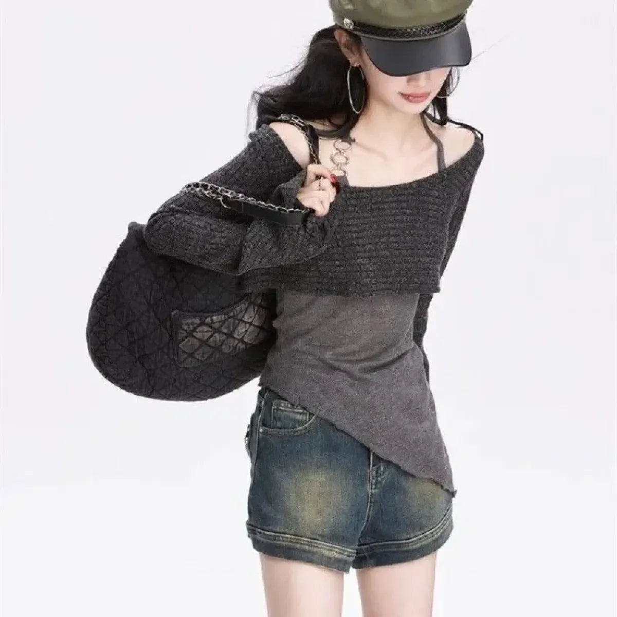 Gray Off-Shoulder Knitted Halter Top – Y2K Gyaru Asymmetric Crop Tee - Blackthorn 31