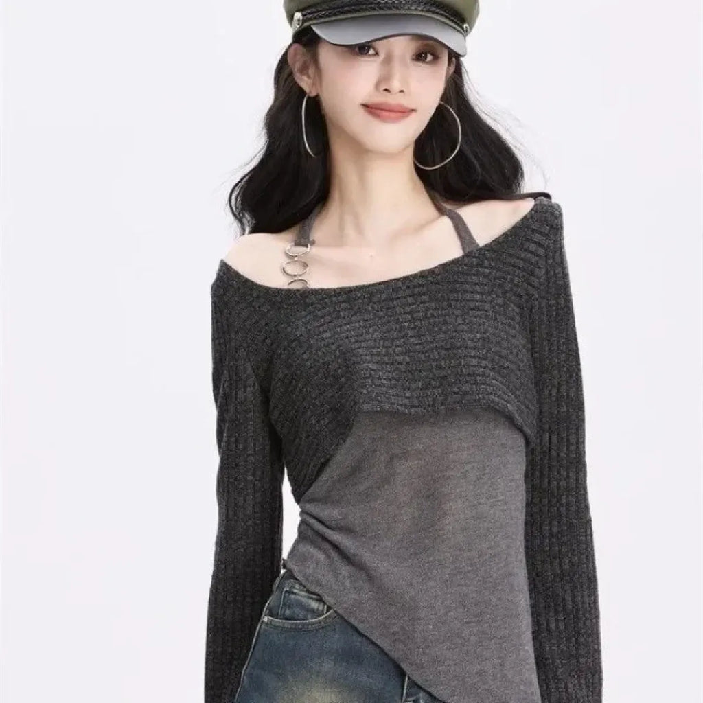 Gray Off-Shoulder Knitted Halter Top – Y2K Gyaru Asymmetric Crop Tee - Blackthorn 31