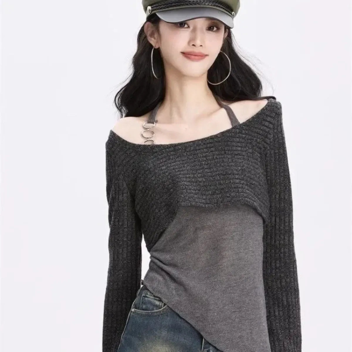Gray Off-Shoulder Knitted Halter Top – Y2K Gyaru Asymmetric Crop Tee - Blackthorn 31