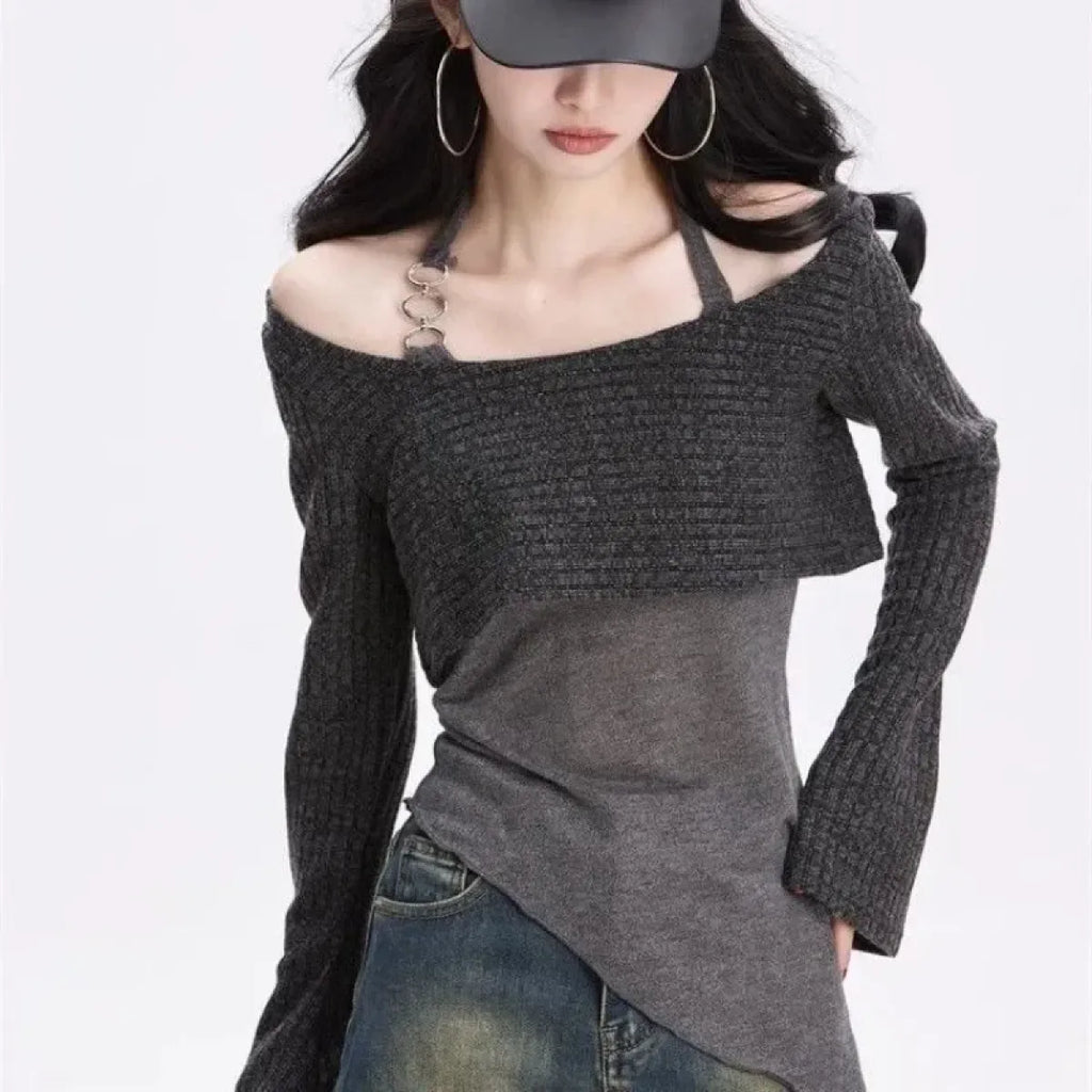Gray Off-Shoulder Knitted Halter Top – Y2K Gyaru Asymmetric Crop Tee - Blackthorn 31