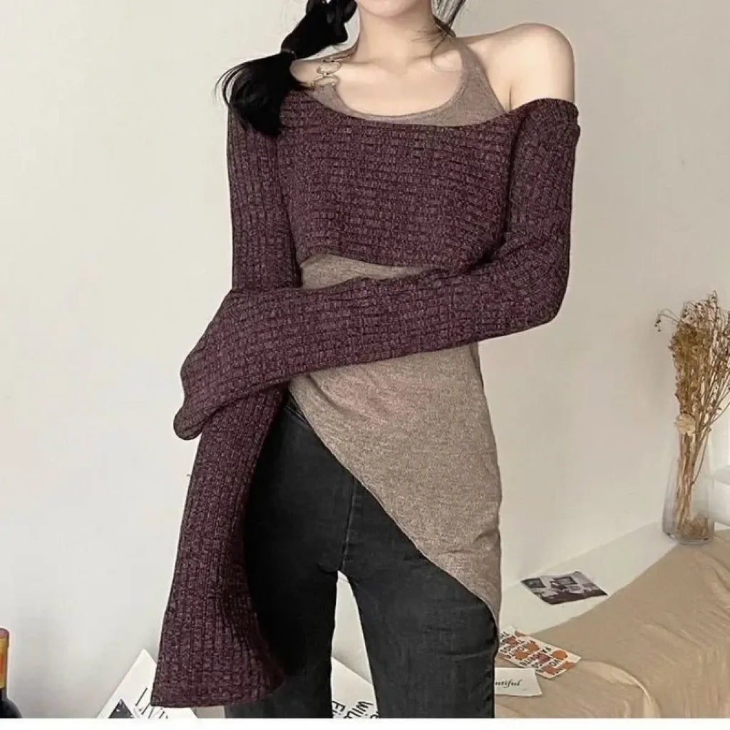 Gray Off-Shoulder Knitted Halter Top – Y2K Gyaru Asymmetric Crop Tee - Blackthorn 31