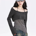 Gray Off-Shoulder Knitted Halter Top – Y2K Gyaru Asymmetric Crop Tee - Blackthorn 31