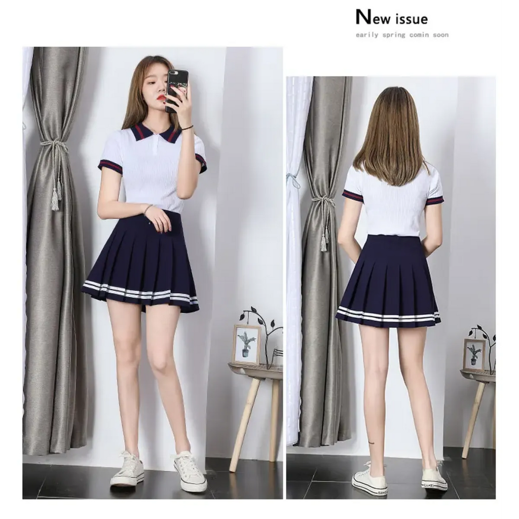 Y2K High Waist Pleated Mini Skirt – Kawaii Preppy Striped Style - Blackthorn 31